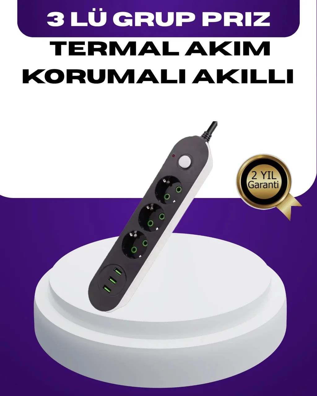 Usb Yuvalı Anahtarlı Üçlü Priz 2 Metre Kablolu Diğer