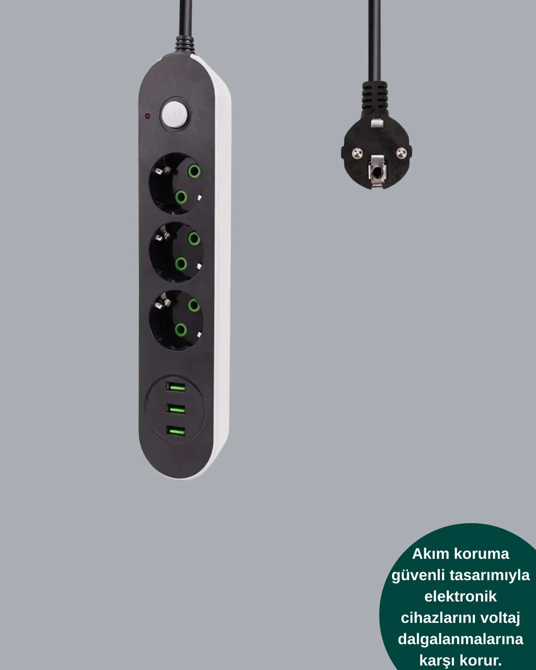 USB Yuvalı Anahtarlı Üçlü Priz 2 Metre Kablolu