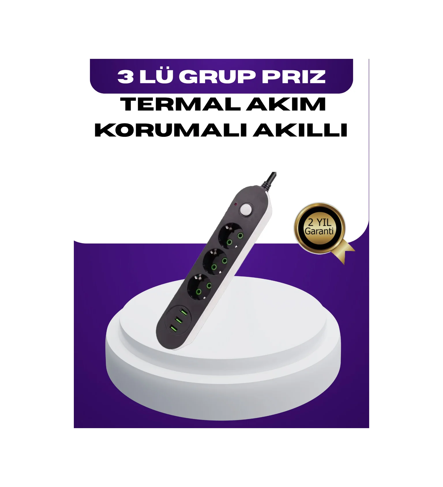 Usb Yuvalı Anahtarlı Üçlü Priz 2 Metre Kablolu - Lisinya