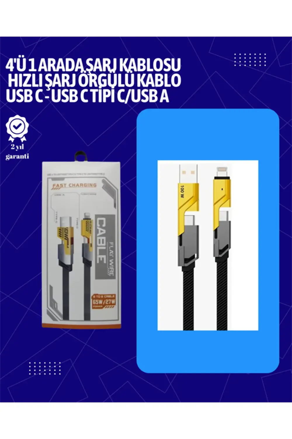 USBC ve Lightning Uyumlu 4'ü 1 Arada Kablo – 65W Hızlı Şarj, Örgü