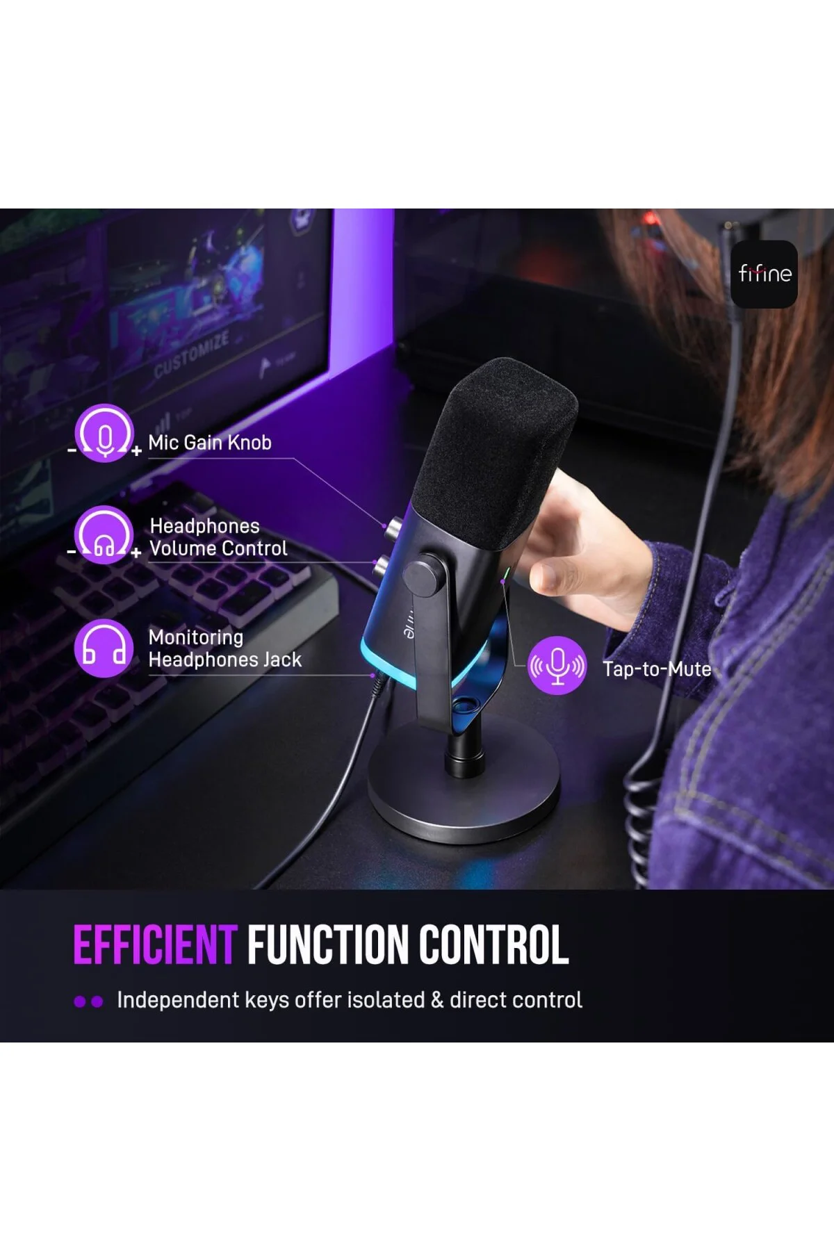 USB/XLR Dinamik Mikrofon, Podcast Kayıt için, RGB Işıklı PC Bilgi