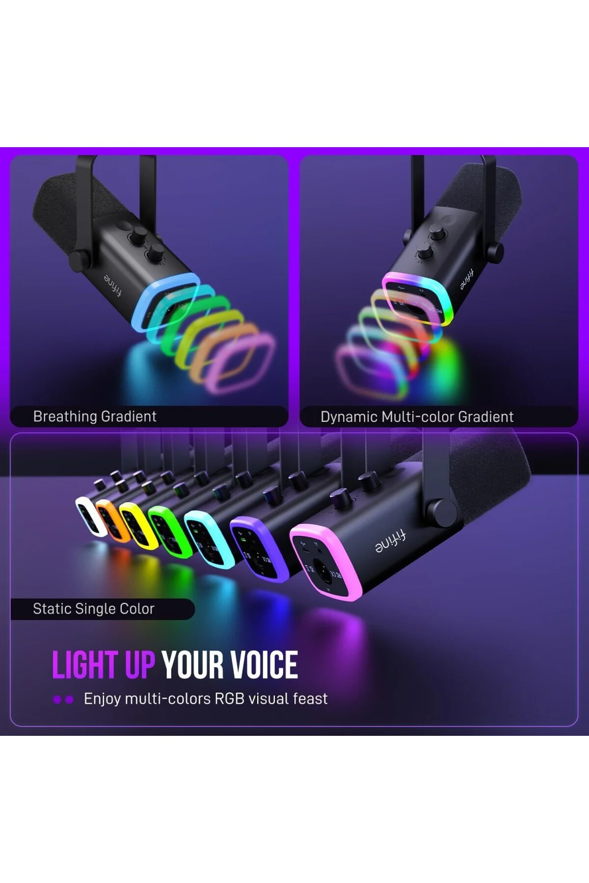 USB/XLR Dinamik Mikrofon, Podcast Kayıt için, RGB Işıklı PC Bilgi