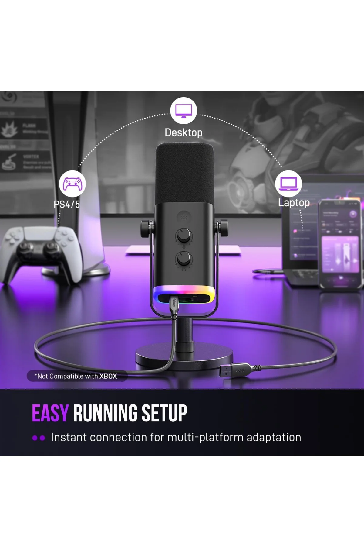 USB/XLR Dinamik Mikrofon, Podcast Kayıt için, RGB Işıklı PC Bilgi