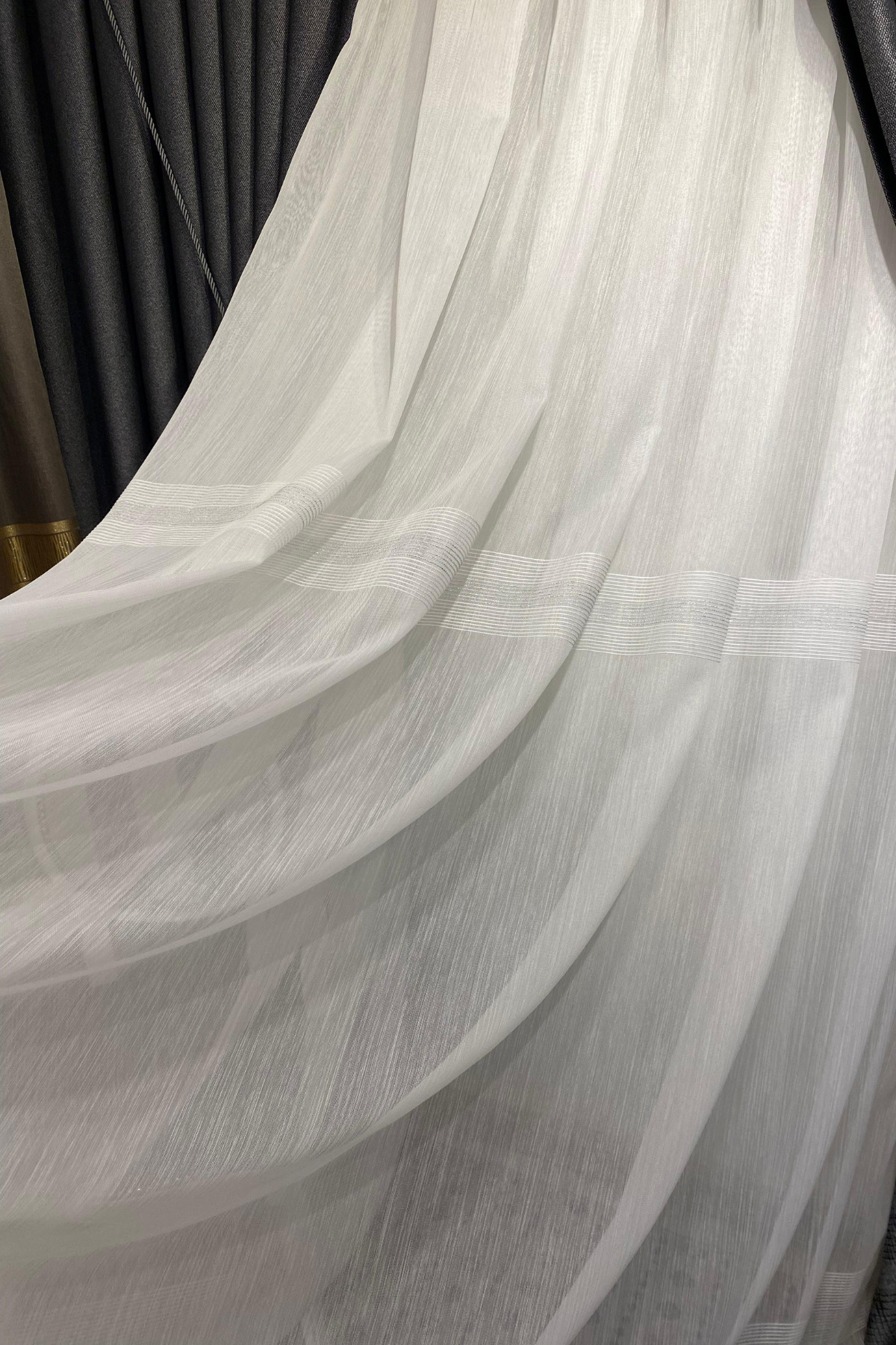 Özgün Home Üst Kalite Gümüş Şeritli (1/3 Sık Pile) Kırık Beyaz Tül Perde