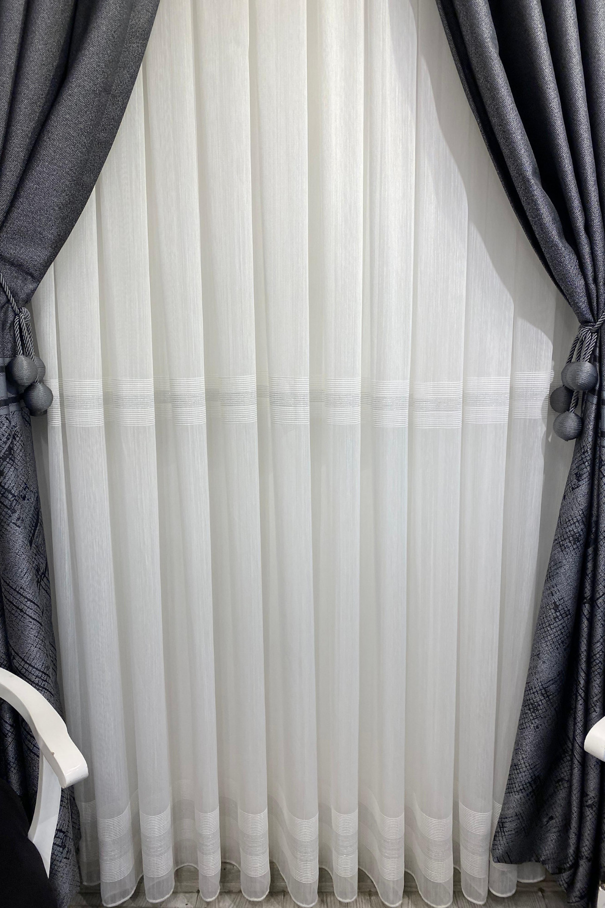 Özgün Home Üst Kalite Gümüş Şeritli (1/3 Sık Pile) Kırık Beyaz Tül Perde