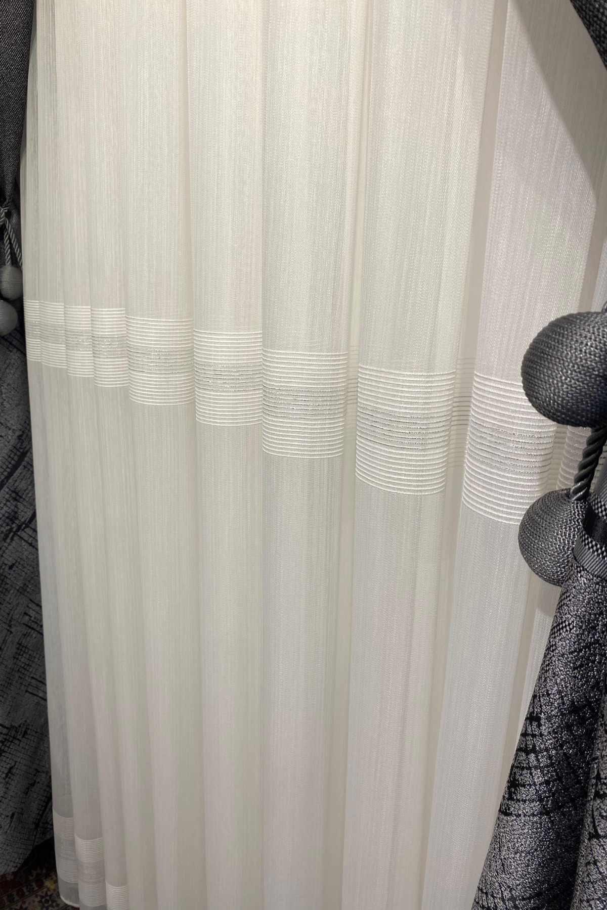 Özgün Home Üst Kalite Gümüş Şeritli (1/3 Sık Pile) Kırık Beyaz Tül Perde