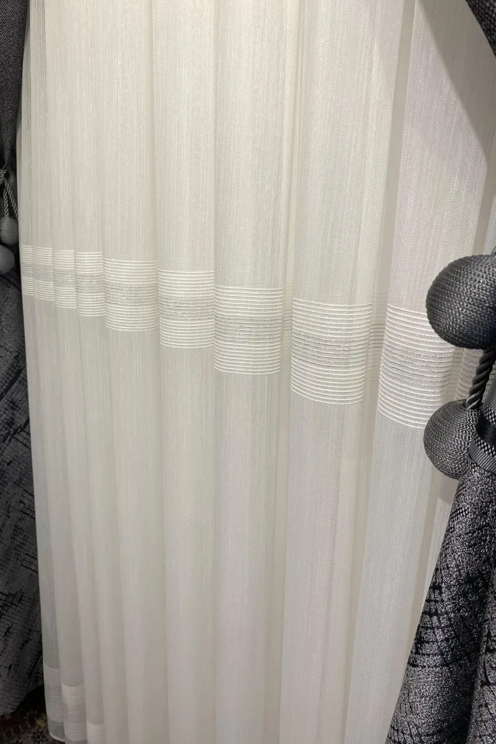 Özgün Home Üst Kalite Gümüş Şeritli (1/3 Sık Pile) Kırık Beyaz Tül Perde