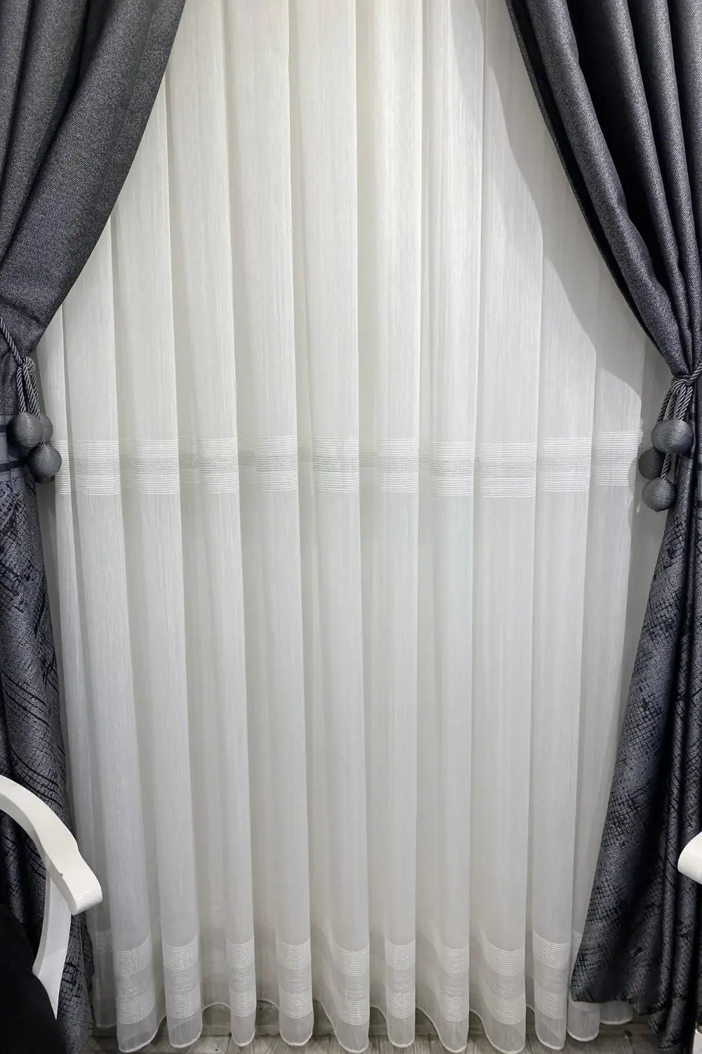 Özgün Home Üst Kalite Gümüş Şeritli (1/3 Sık Pile) Kırık Beyaz Tül Perde