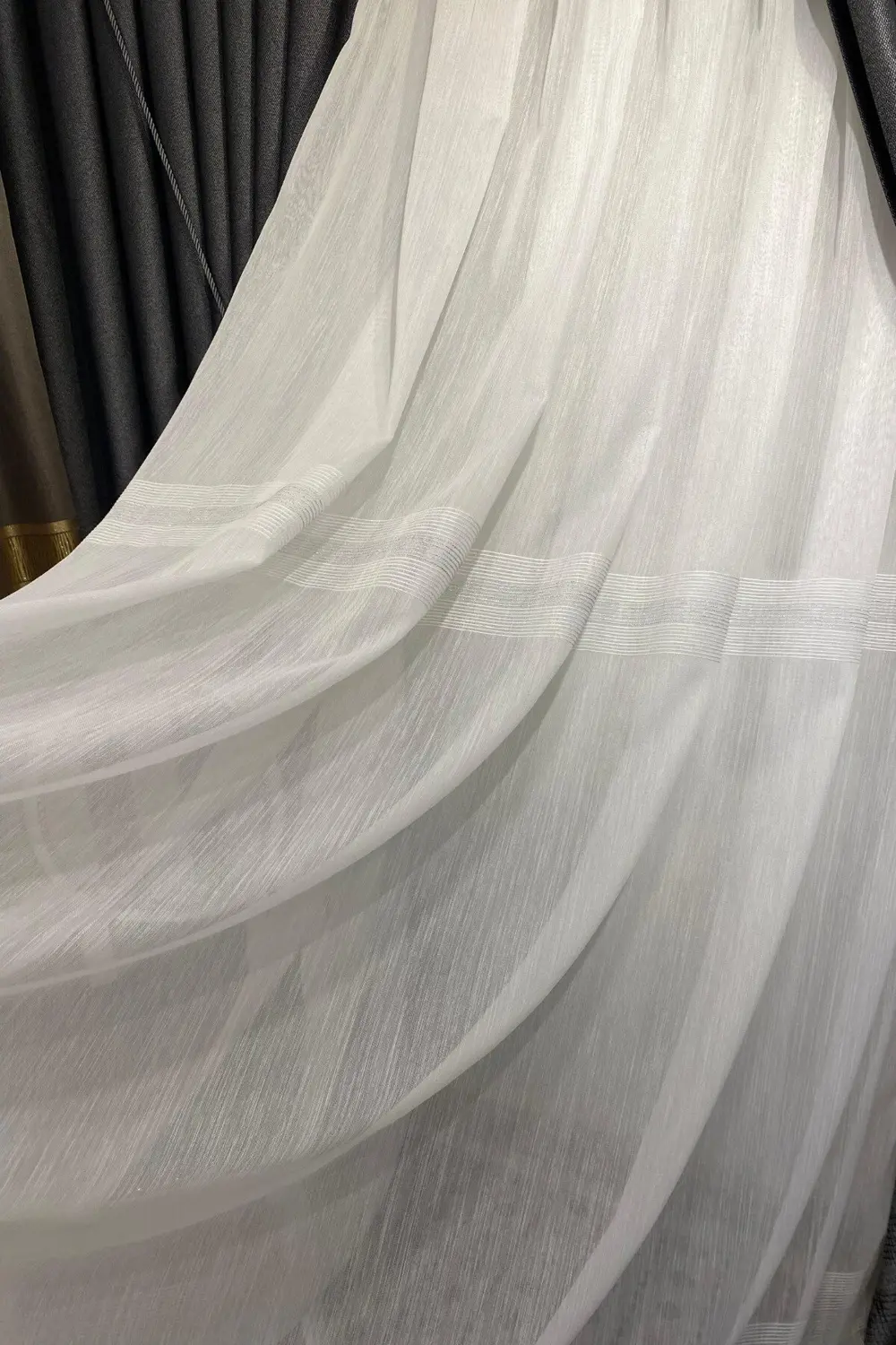 Özgün Home Üst Kalite Gümüş Şeritli (1/3 Sık Pile) Kırık Beyaz Tül Perde