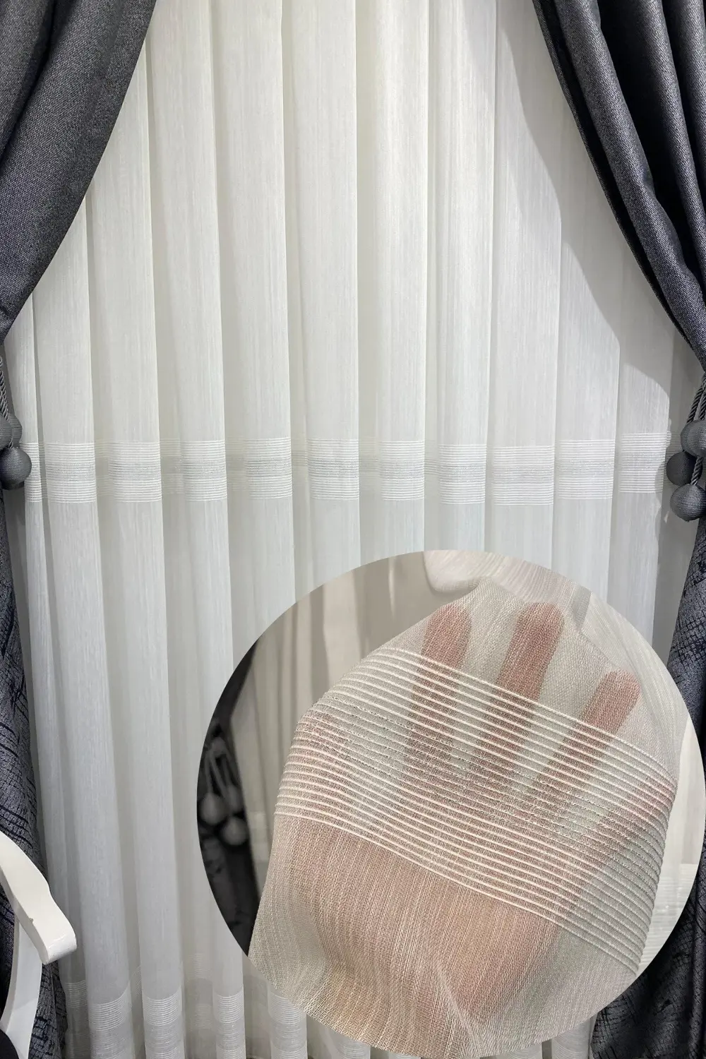 Özgün Home Üst Kalite Gümüş Şeritli (1/3 Sık Pile) Kırık Beyaz Tül Perde