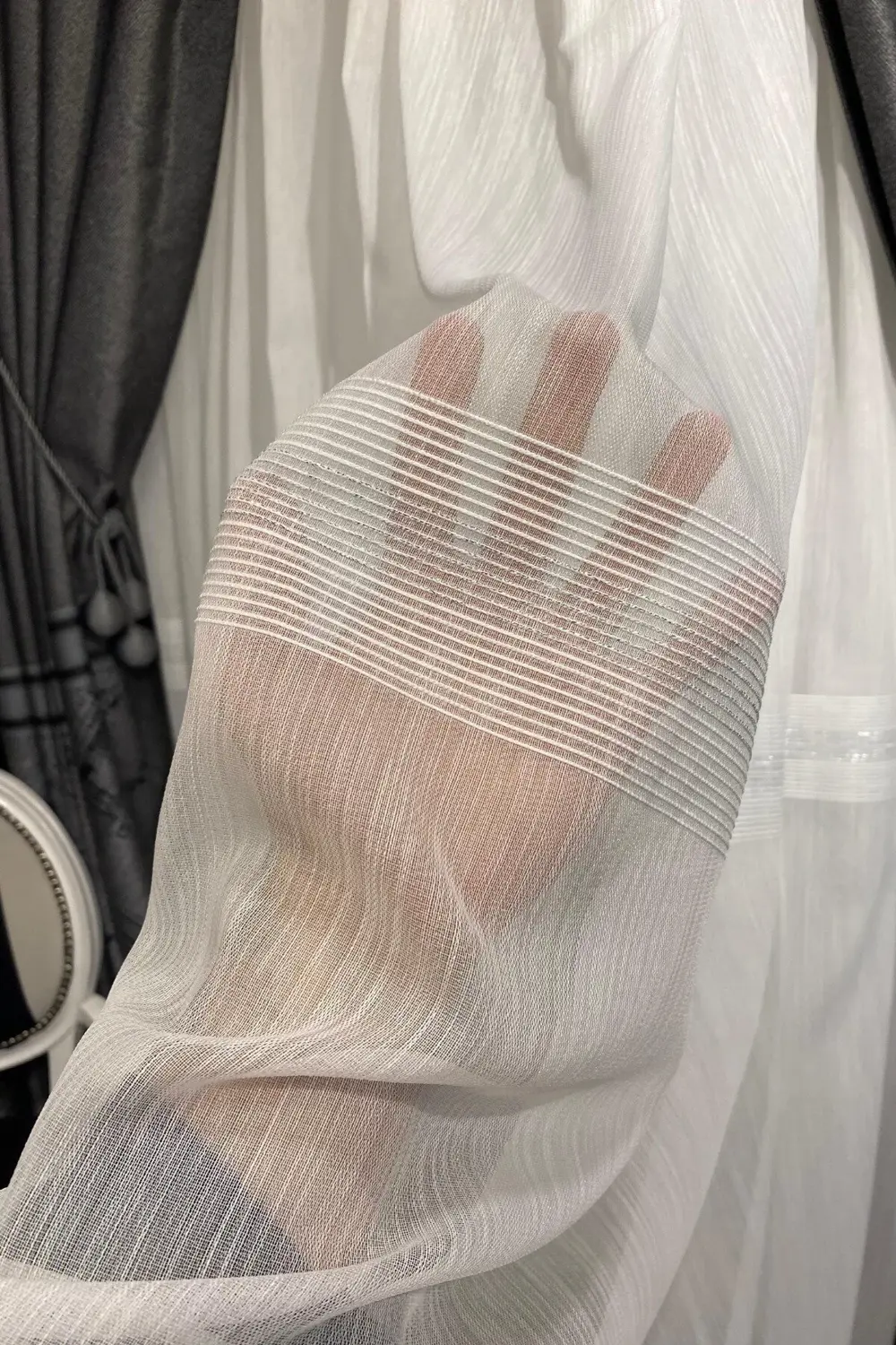 Özgün Home Üst Kalite Gümüş Şeritli (1/3 Sık Pile) Kırık Beyaz Tül Perde