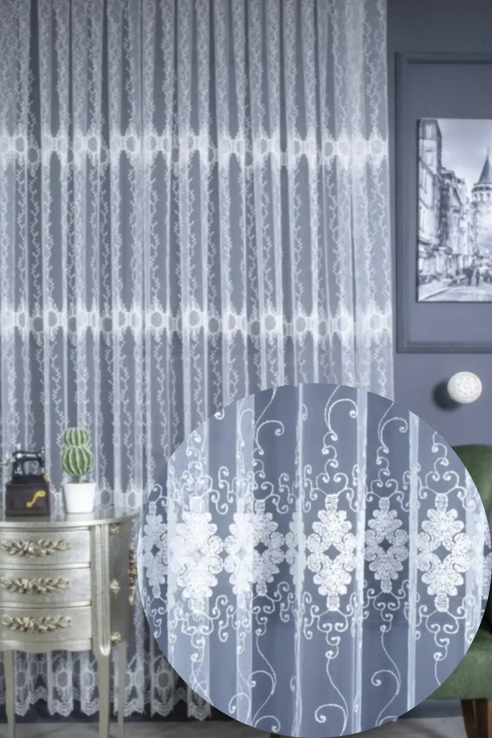 Üst Kalite Sanal Nakışlı Tül Perde (1x3 Pile)