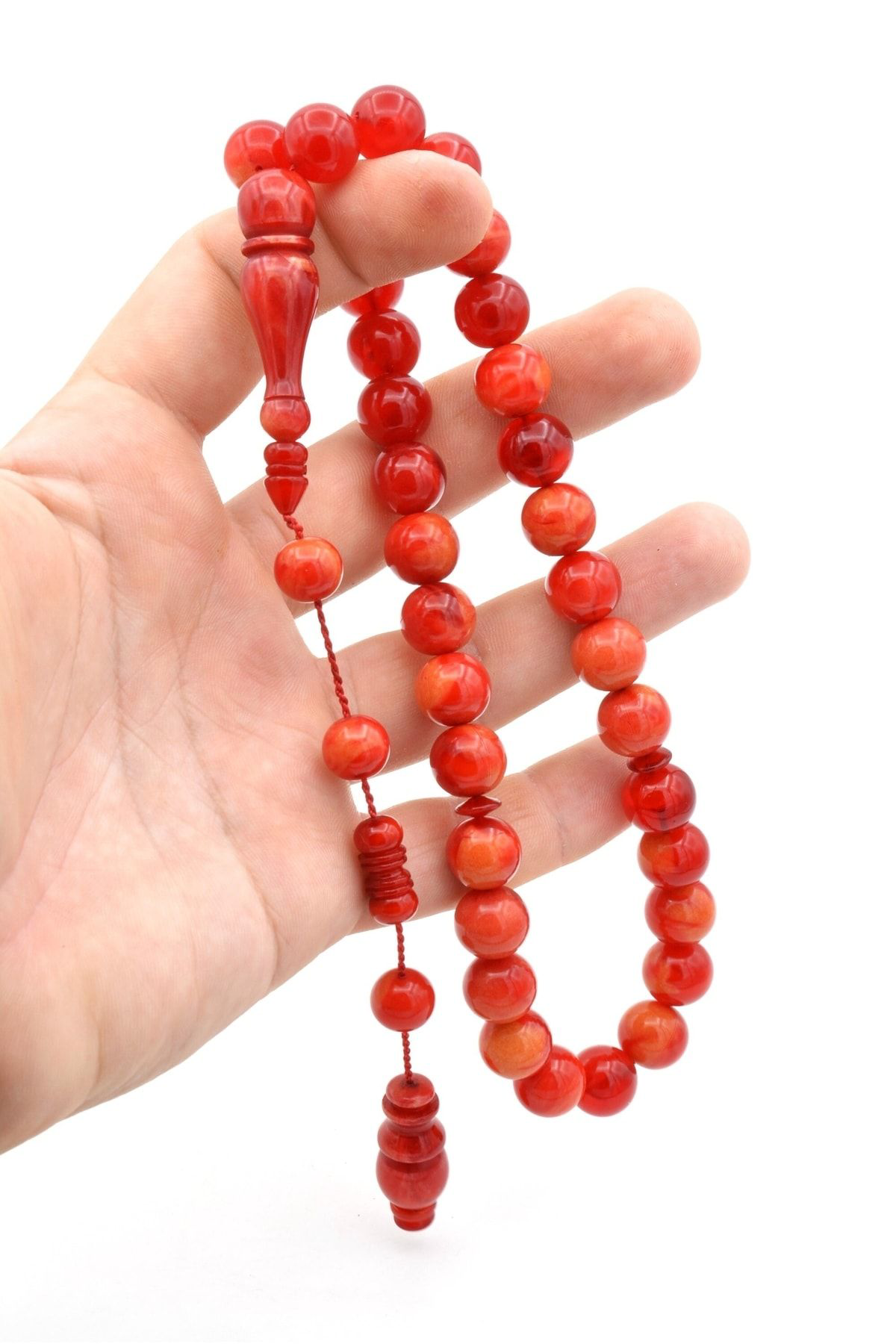 Murty99 Usta İşi Sistemli Küre Kesim Hareli Kırmızı Toz Pres Kehribar Tesbih 12 Mm