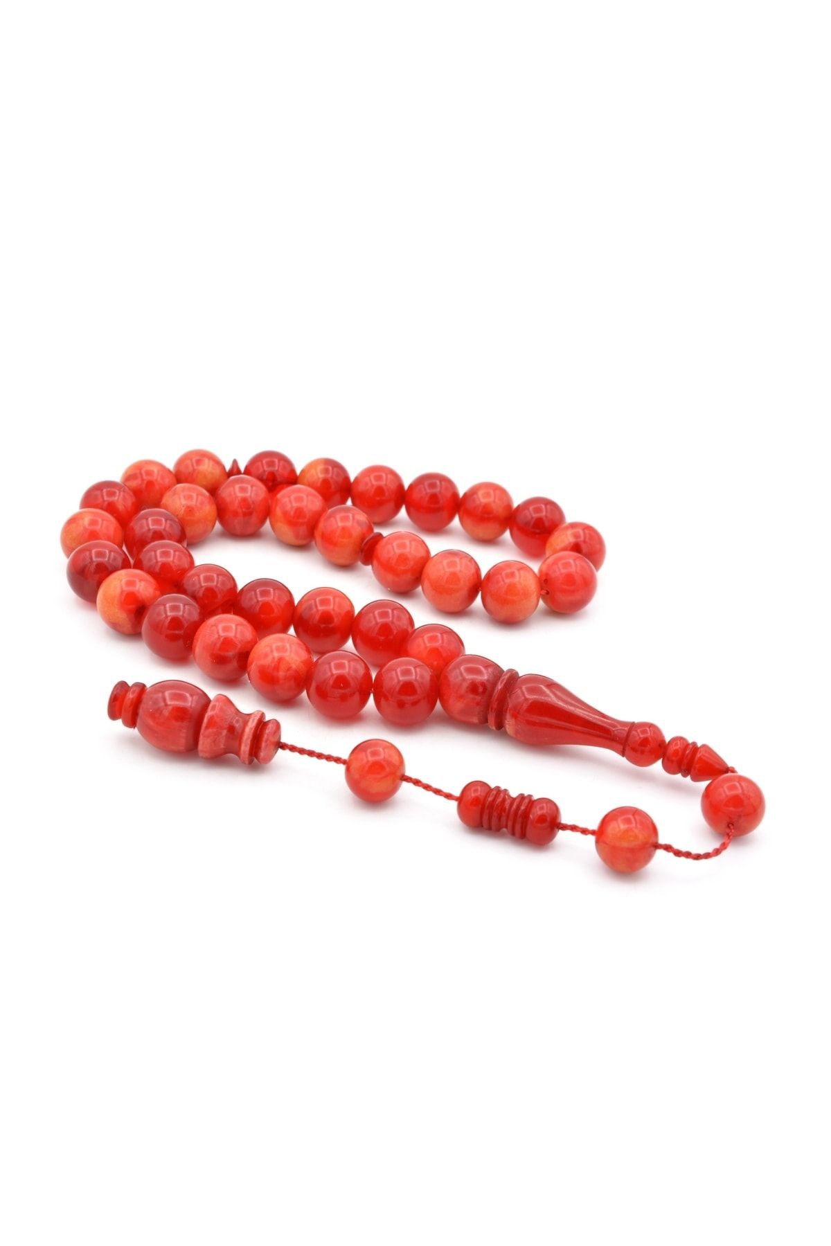 Murty99 Usta İşi Sistemli Küre Kesim Hareli Kırmızı Toz Pres Kehribar Tesbih 12 Mm