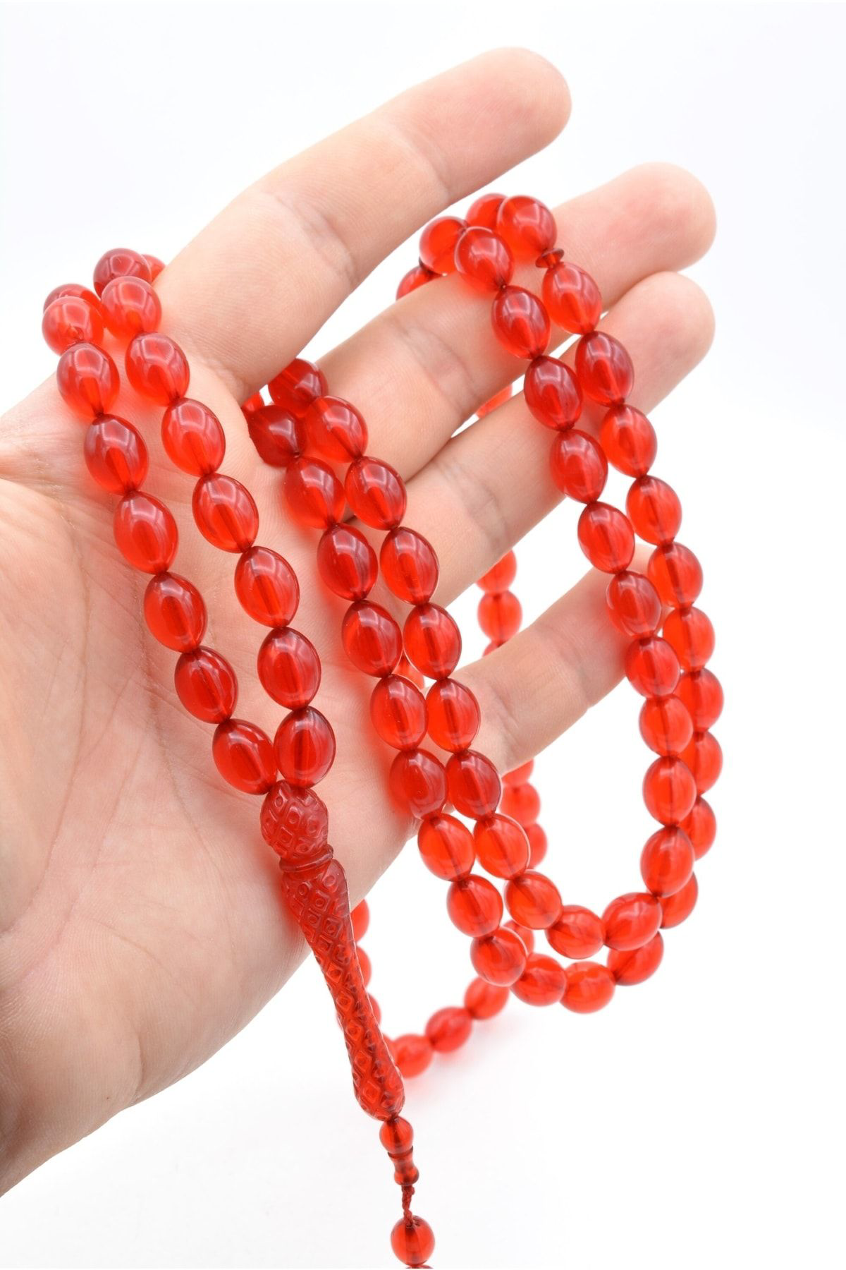 Murty99 Usta İşi Sistemli Beyzi Kesim 99 Luk Kırmızı Toz Pres Kehribar Tesbih 002