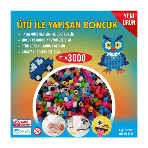 Ütü ile Yapışan 3000'li Renkli Boncuk-Tabla-Cımbız 3'lü Set