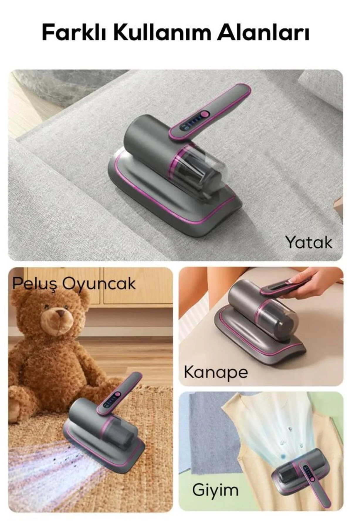 UV ışık teknolojili motorlu yatak temizleme cihazı ve akar giderme özellikli tüy toplayıcı