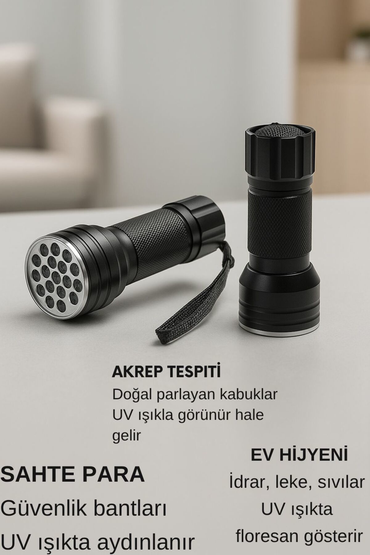 UV IŞINLI 21 LEDLİ 10 CM METAL KASA PİLLİ EL FENERİ