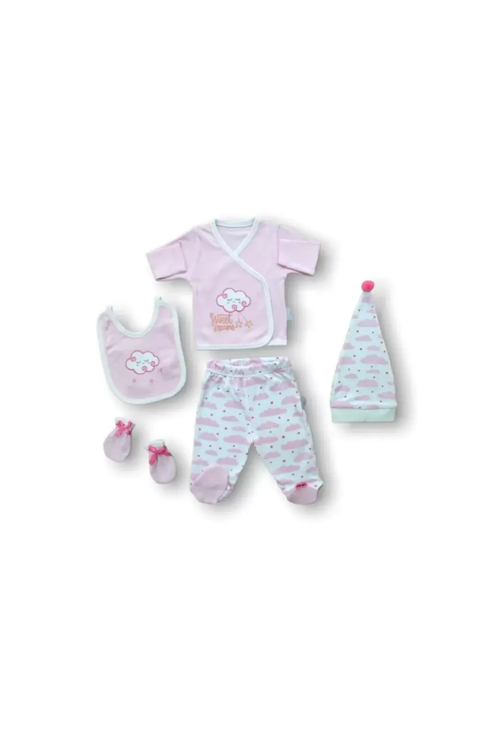 Uykucu Bulut Nakışlı %100 Cotton Antibakteriyel 5li Zıbın Takımı