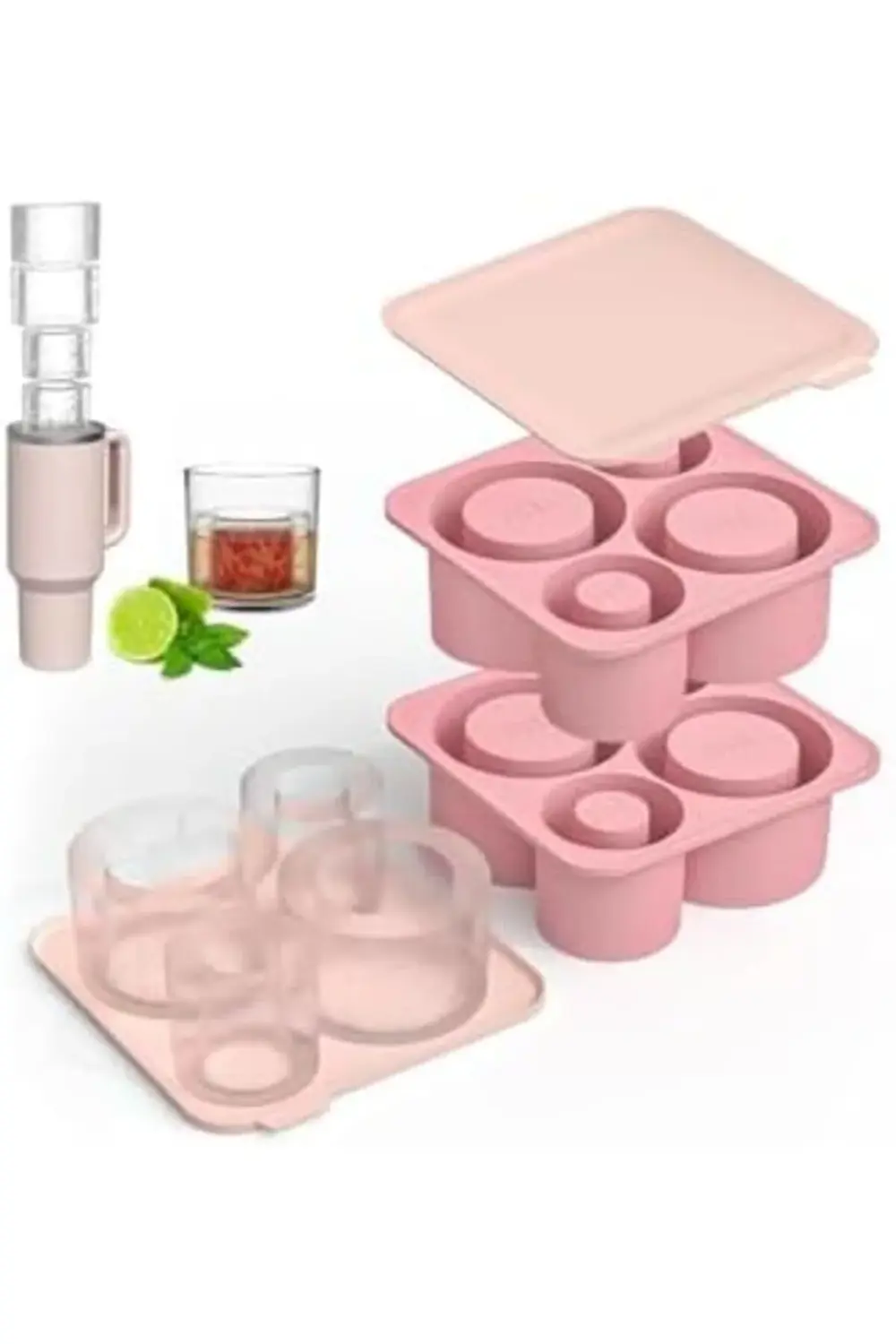 Uyumlu Silikon Buz Kalıbı, Pembe, 4 Bölmeli, Kapaklı, 15.2 x 15.4