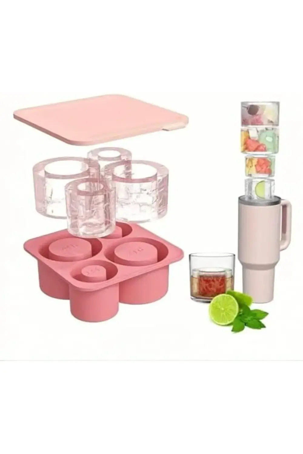 Uyumlu Silikon Buz Kalıbı, Pembe, 4 Bölmeli, Kapaklı, 15.2 x 15.4