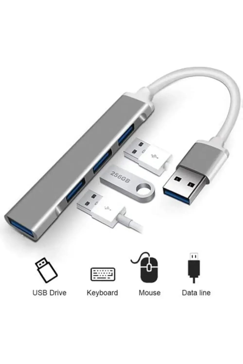 Uyumlu USB To 4 USB 3.0 Çevirici, Gri