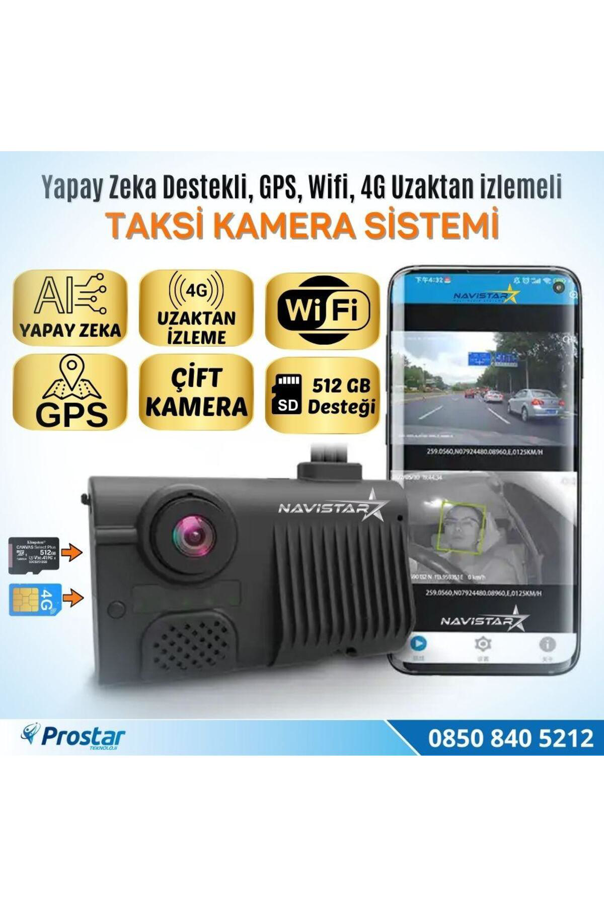Navistar Uzaktan İzlemeli 2 Kameralı Wifi Gps 4G Yapay Zeka Destekli Akıll