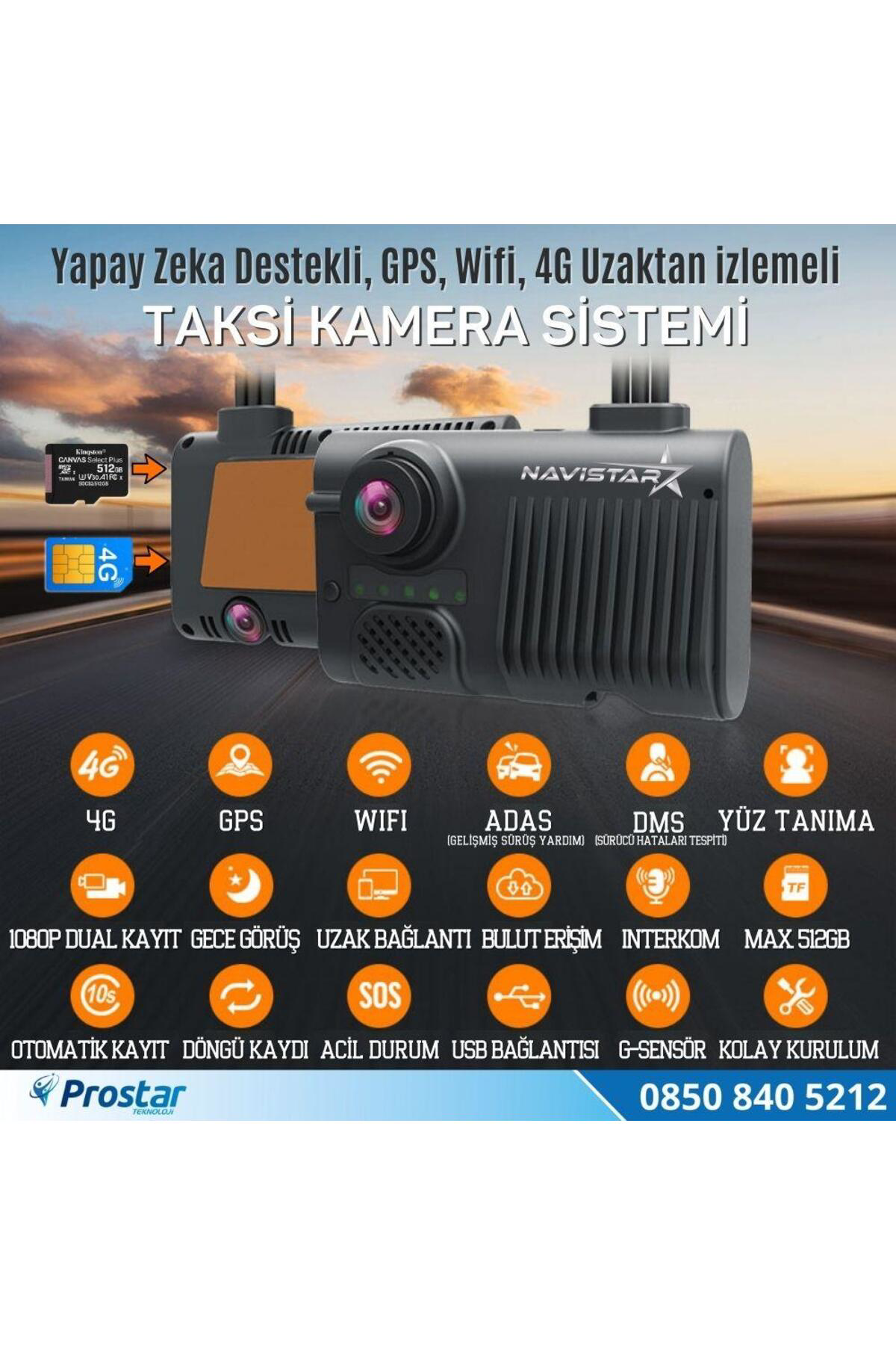 Navistar Uzaktan İzlemeli 2 Kameralı Wifi Gps 4G Yapay Zeka Destekli Akıll