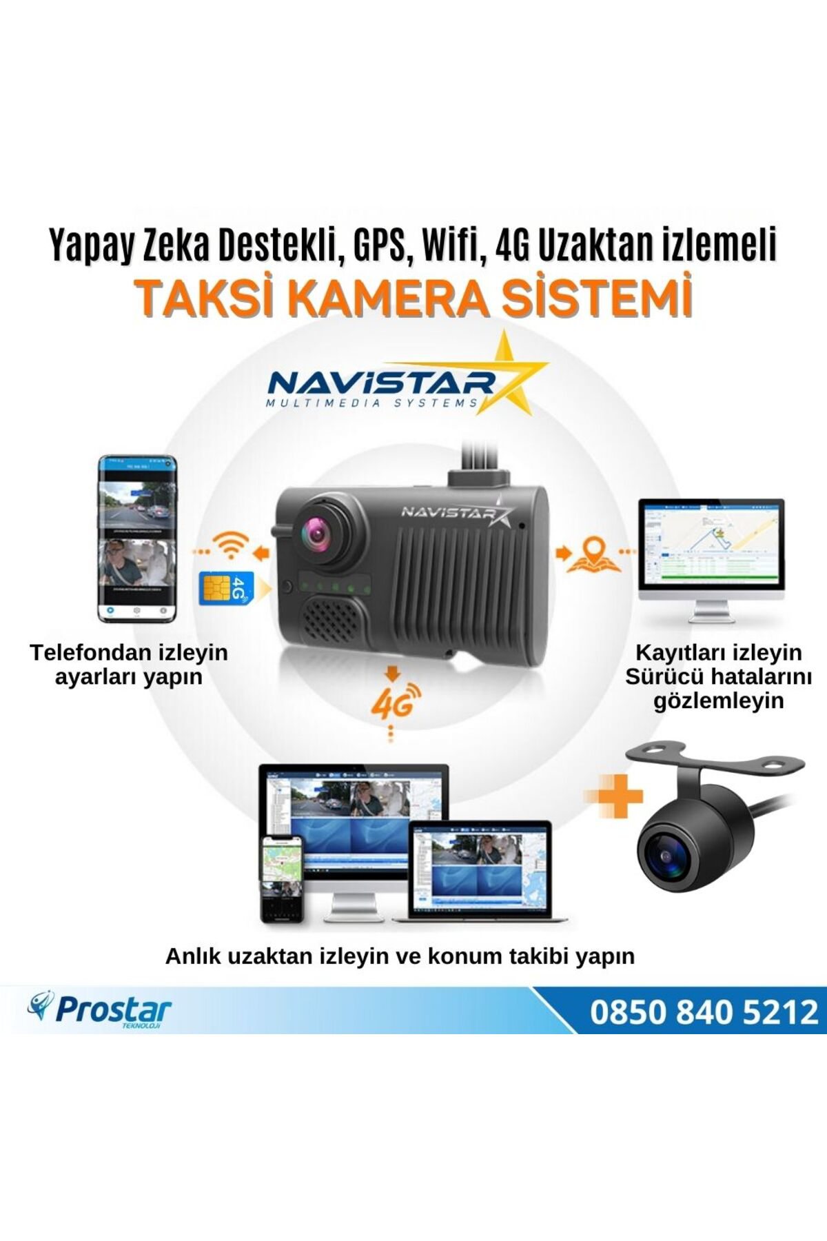 Navistar Uzaktan İzlemeli 3 Kameralı Wifi Gps 4G Yapay Zeka Destekli Akıll