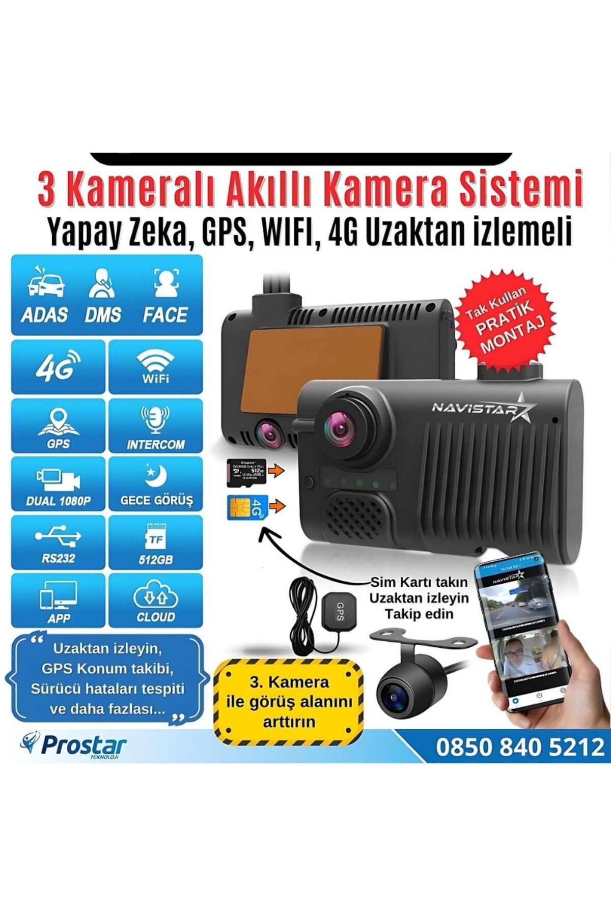 Navistar Uzaktan İzlemeli 3 Kameralı Wifi Gps 4G Yapay Zeka Destekli Akıll