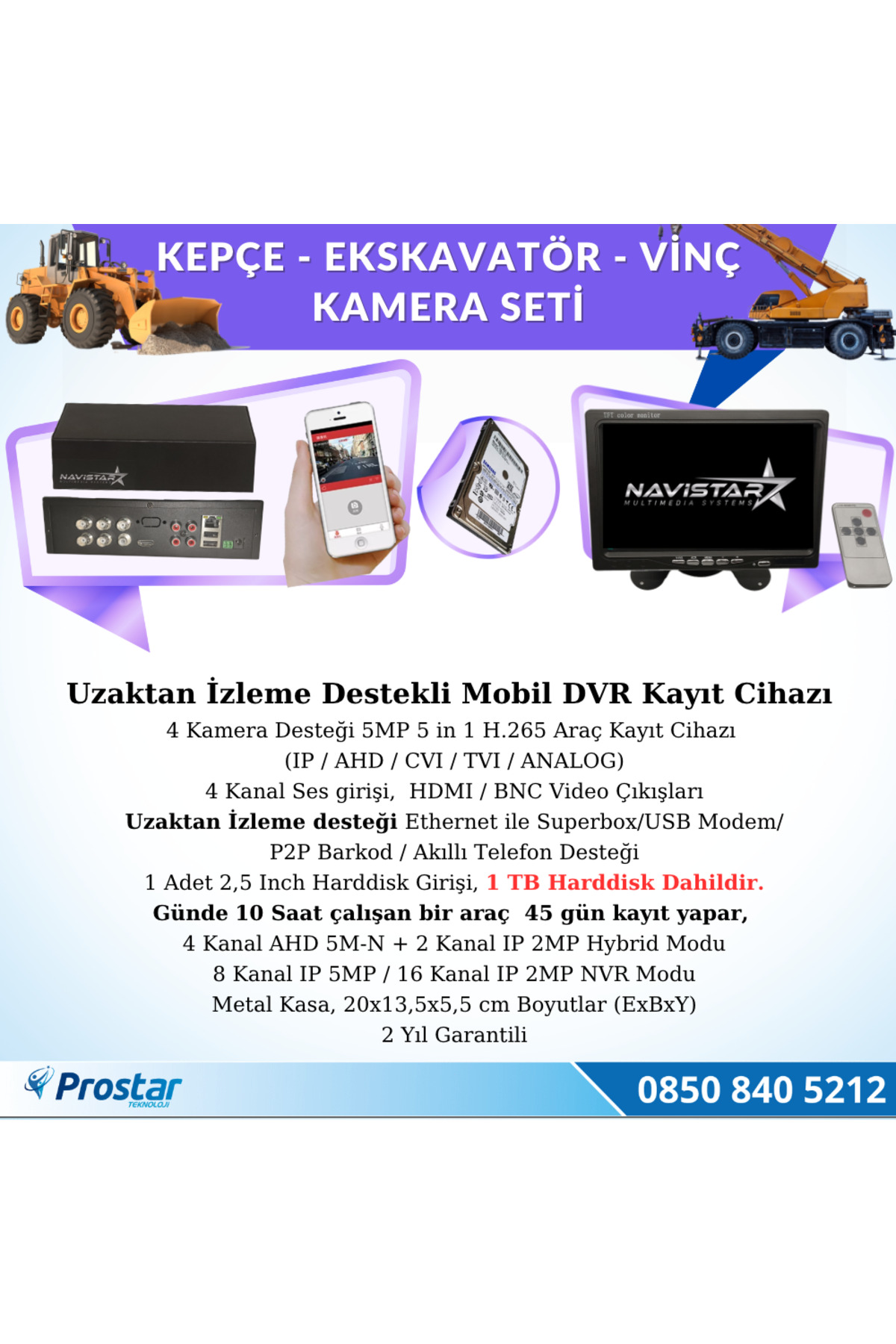 Navistar Uzaktan İzlemeli 4 Kameralı Ekskavatör Dozer Greyder Vinç Kepçe 1