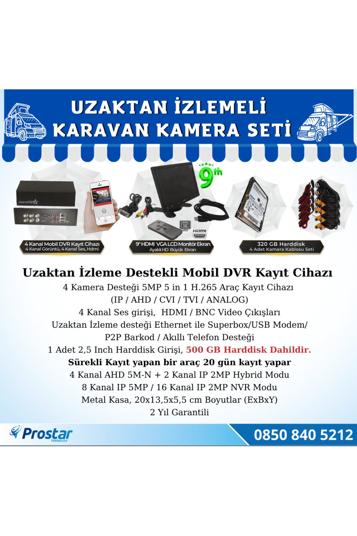 Navistar Uzaktan İzlemeli Karavan Kamera Seti 4 Kameralı 500 Gb Harddisk D