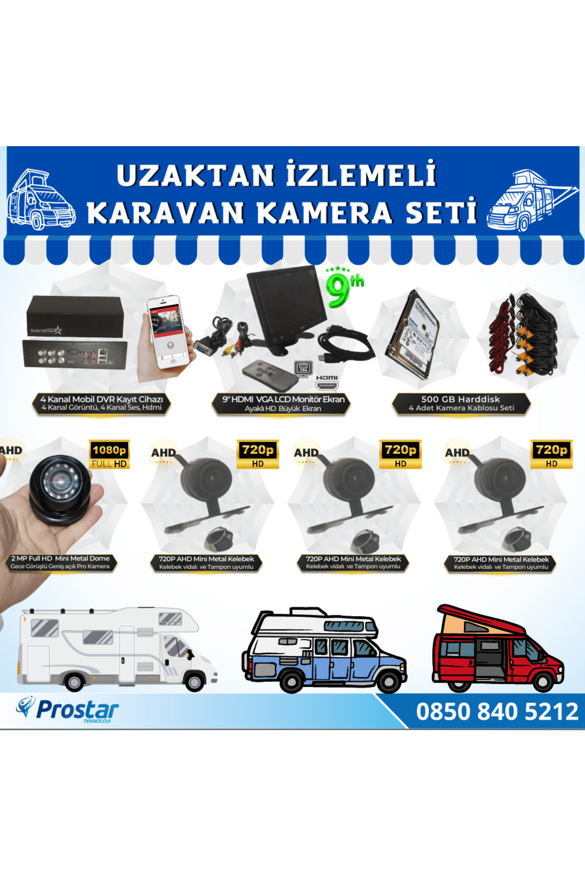 Navistar Uzaktan İzlemeli Karavan Kamera Seti 4 Kameralı 500 Gb Harddisk D