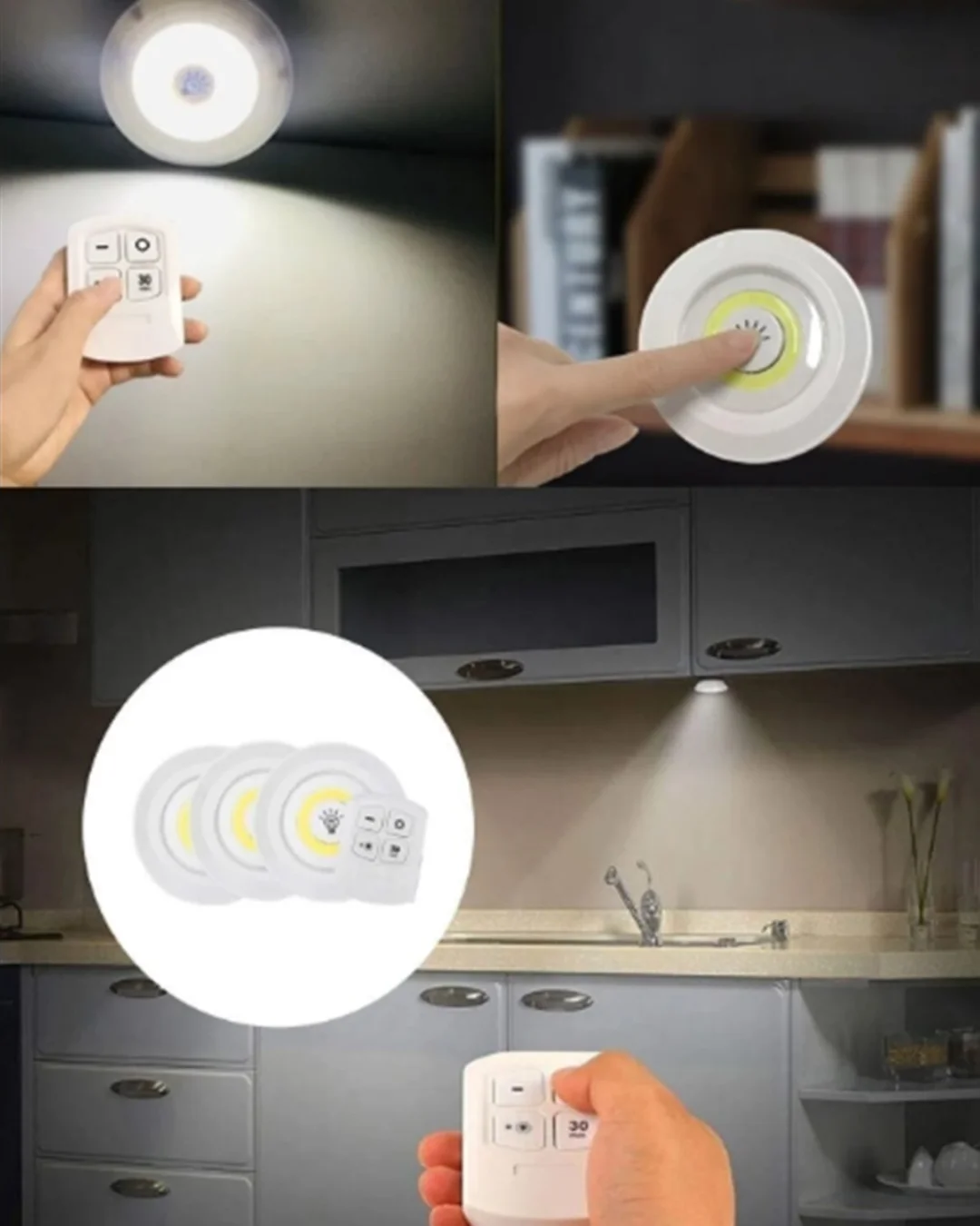 Uzaktan Kumandalı 3 Lü Kablosuz Led Spot Lamba Seti Yapışkanlı Pratik Kullanım