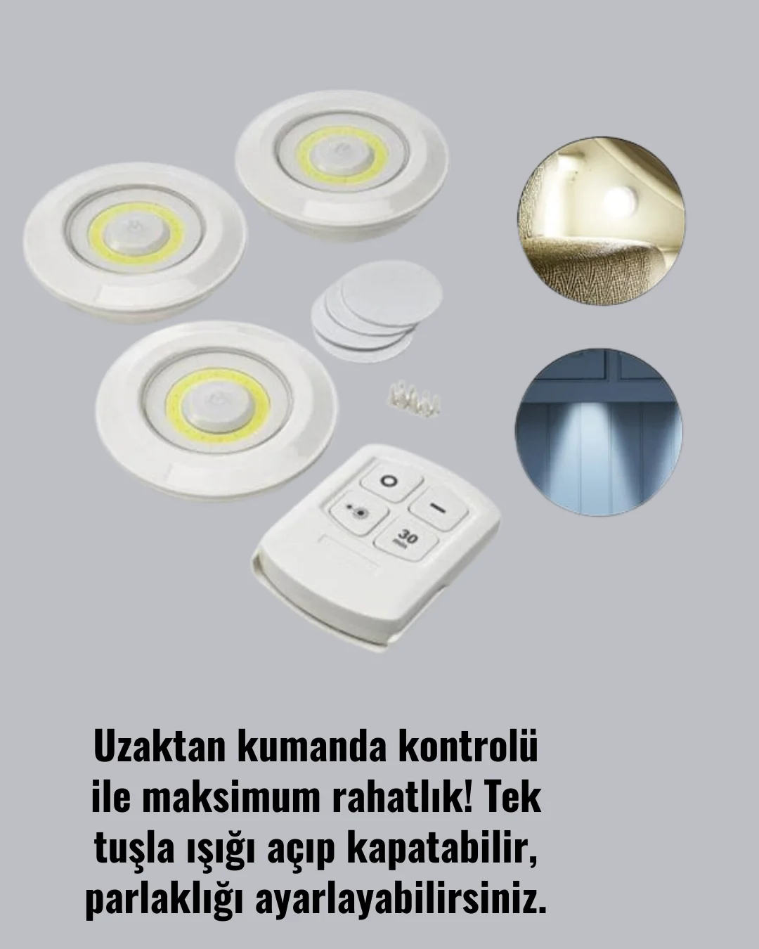 Uzaktan Kumandalı 3 Lü Kablosuz Led Spot Lamba Seti Yapışkanlı Pratik Kullanım