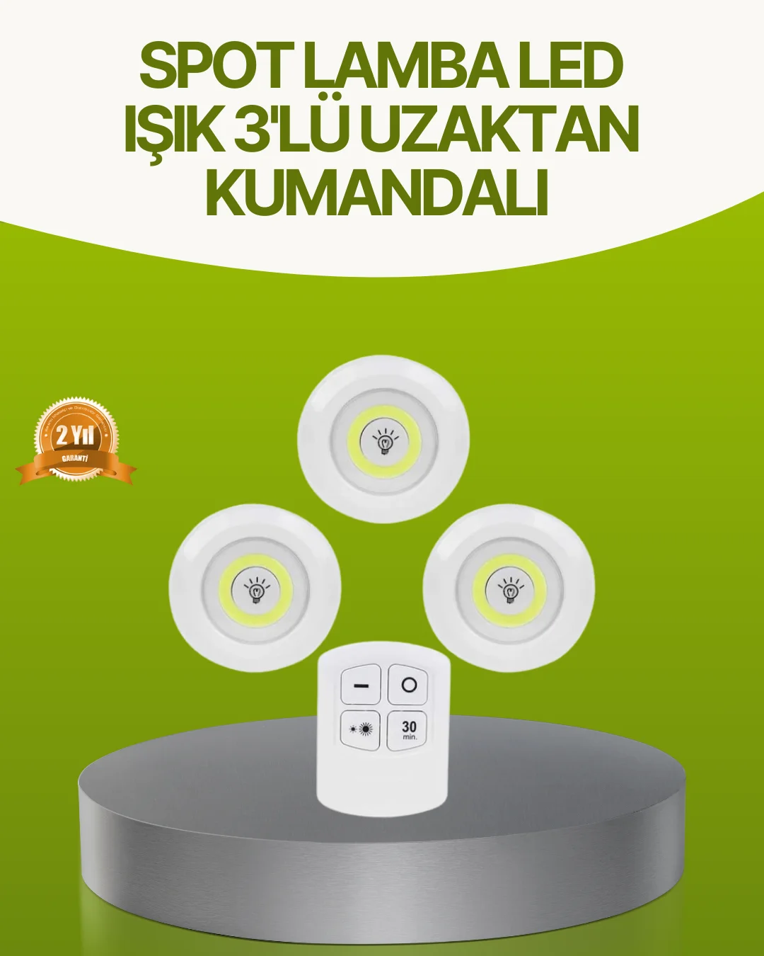 Uzaktan Kumandalı 3 Lü Kablosuz Led Spot Lamba Seti Yapışkanlı Pr