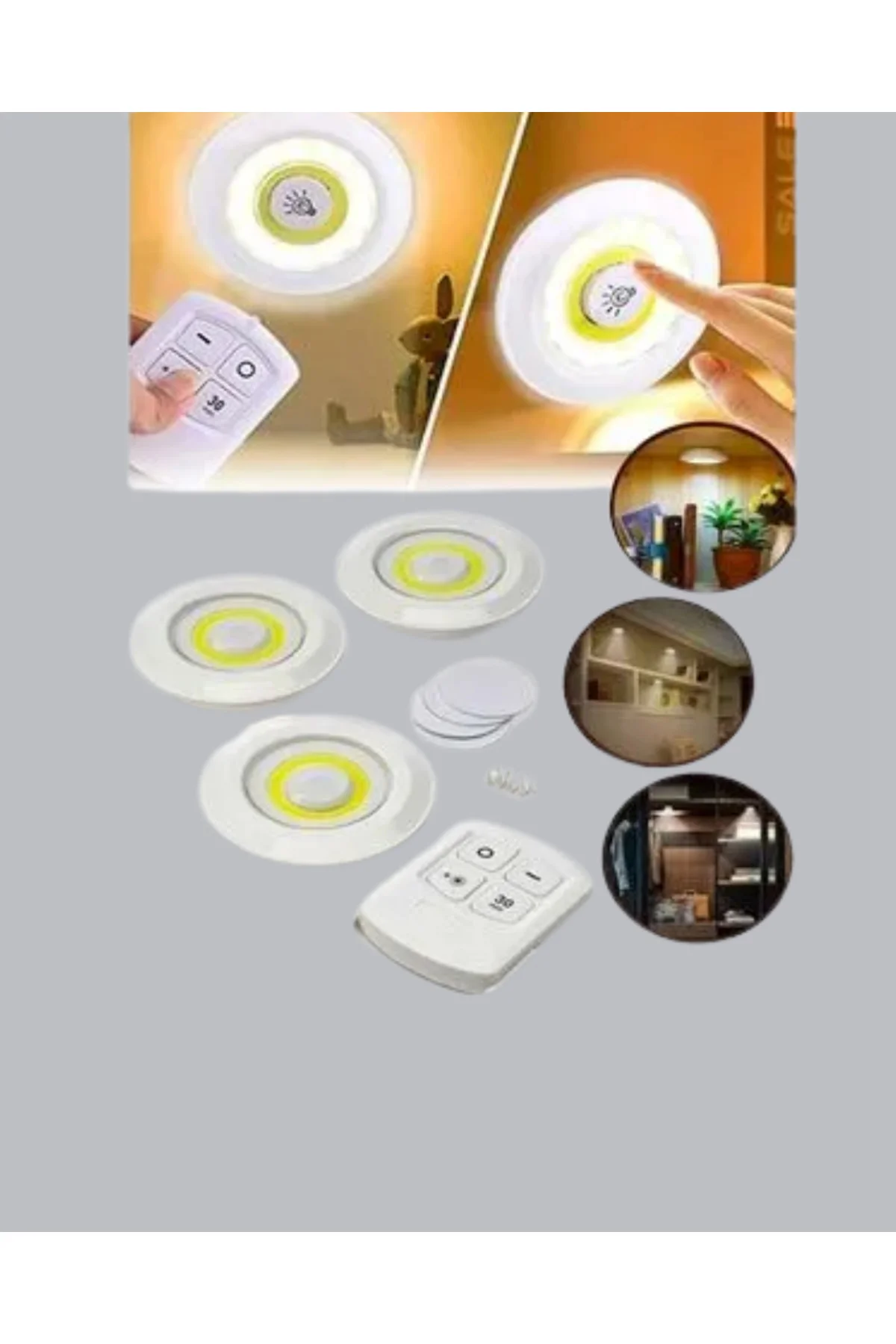 Uzaktan Kumandalı 3 Lü Kablosuz Led Spot Lamba Seti Yapışkanlı Pratik Kullanım