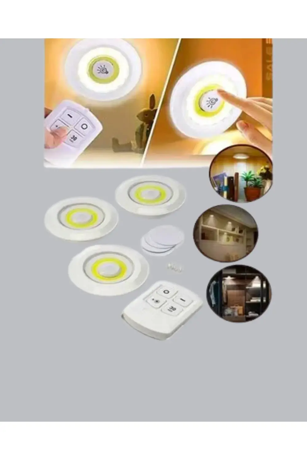 Uzaktan Kumandalı 3 Lü Kablosuz Led Spot Lamba Seti Yapışkanlı Pr