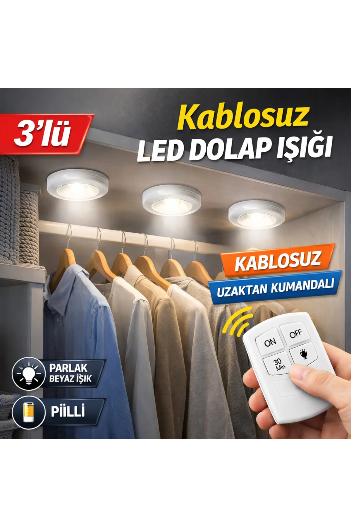 Uzaktan Kumandalı 3’lü LED Dolap Işığı Kablosuz Pilli Raf Mutfak Uzaktan Kumandalı 3’lü LED Dolap Işığı Kablosuz Pilli Raf Mutfak
