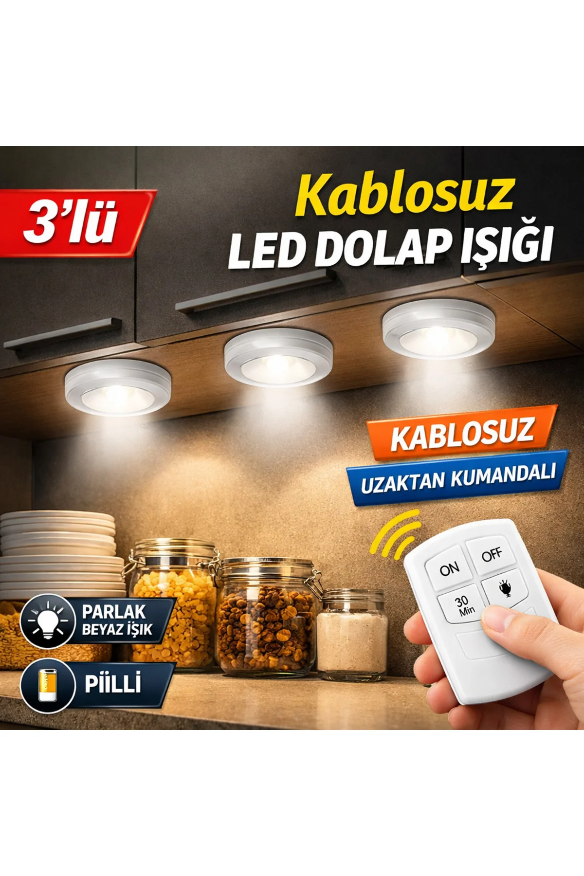 Uzaktan Kumandalı 3’lü LED Dolap Işığı Kablosuz Pilli Raf Mutfak Uzaktan Kumandalı 3’lü LED Dolap Işığı Kablosuz Pilli Raf Mutfak