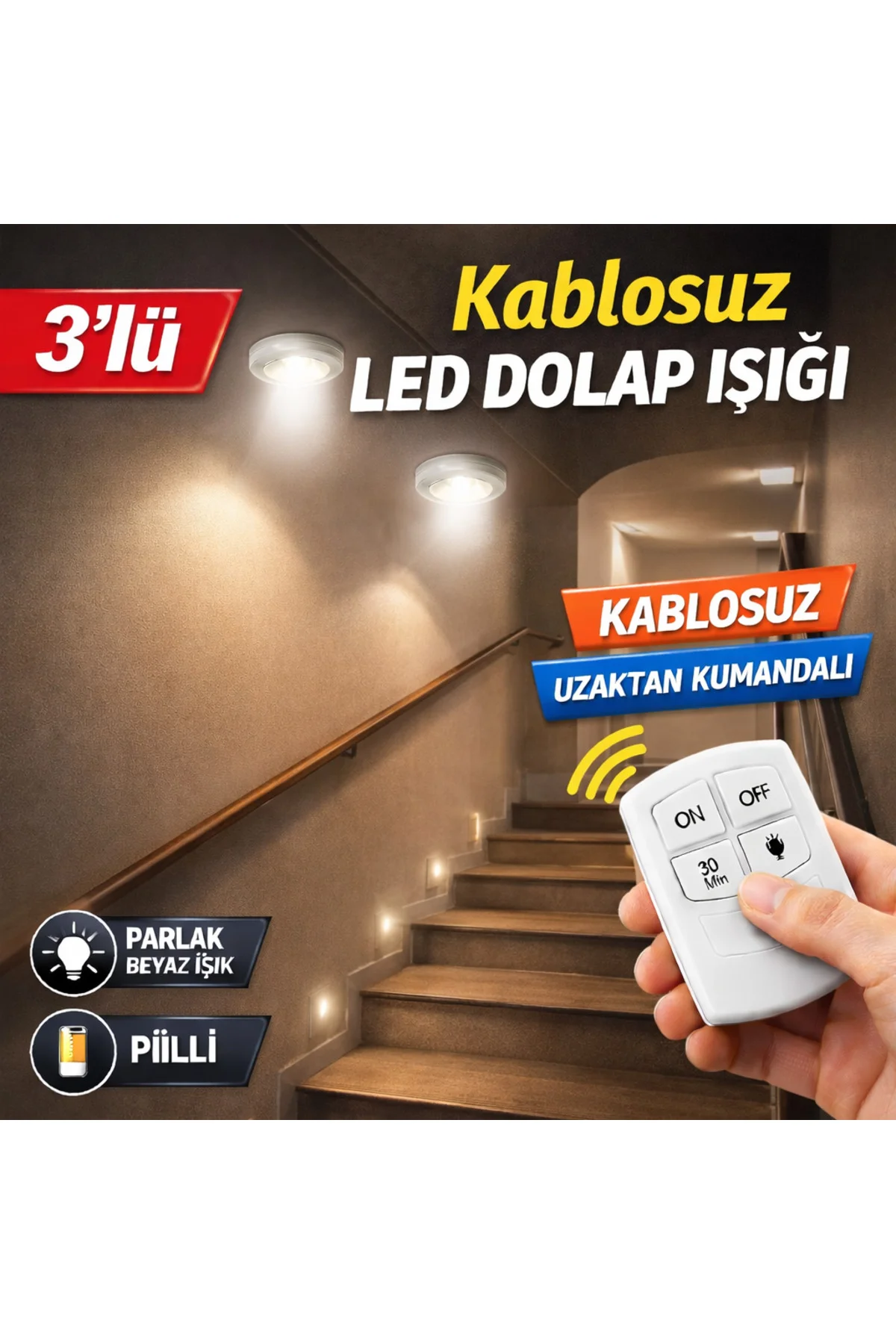 Uzaktan Kumandalı 3’lü LED Dolap Işığı Kablosuz Pilli Raf Mutfak Uzaktan Kumandalı 3’lü LED Dolap Işığı Kablosuz Pilli Raf Mutfak