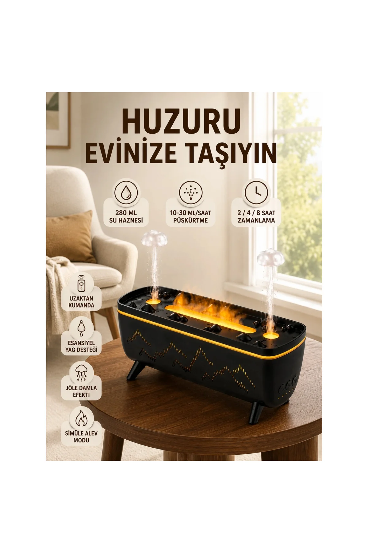 Uzaktan Kumandalı Hava Nemlendirici Aromaterapi Difüzörü 2 4 8 Saat Zamanlayıcılı Siyah - Görsel 3