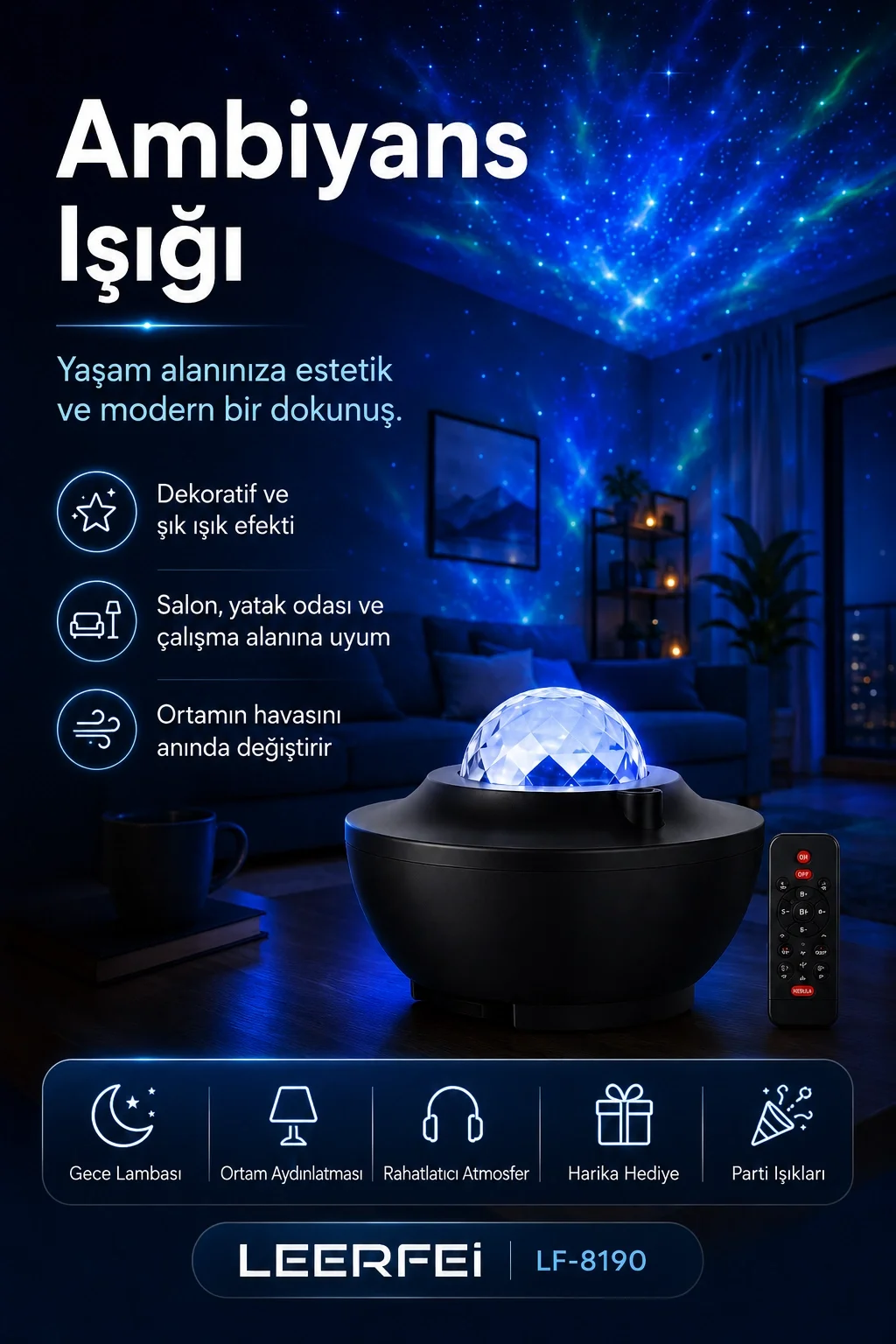 Uzaktan Kumandalı Yıldızlı Gökyüzü Projektörü Gece Lambası Ambiyans Işıklı Fiyatı, Yorumları ve Özellikleri