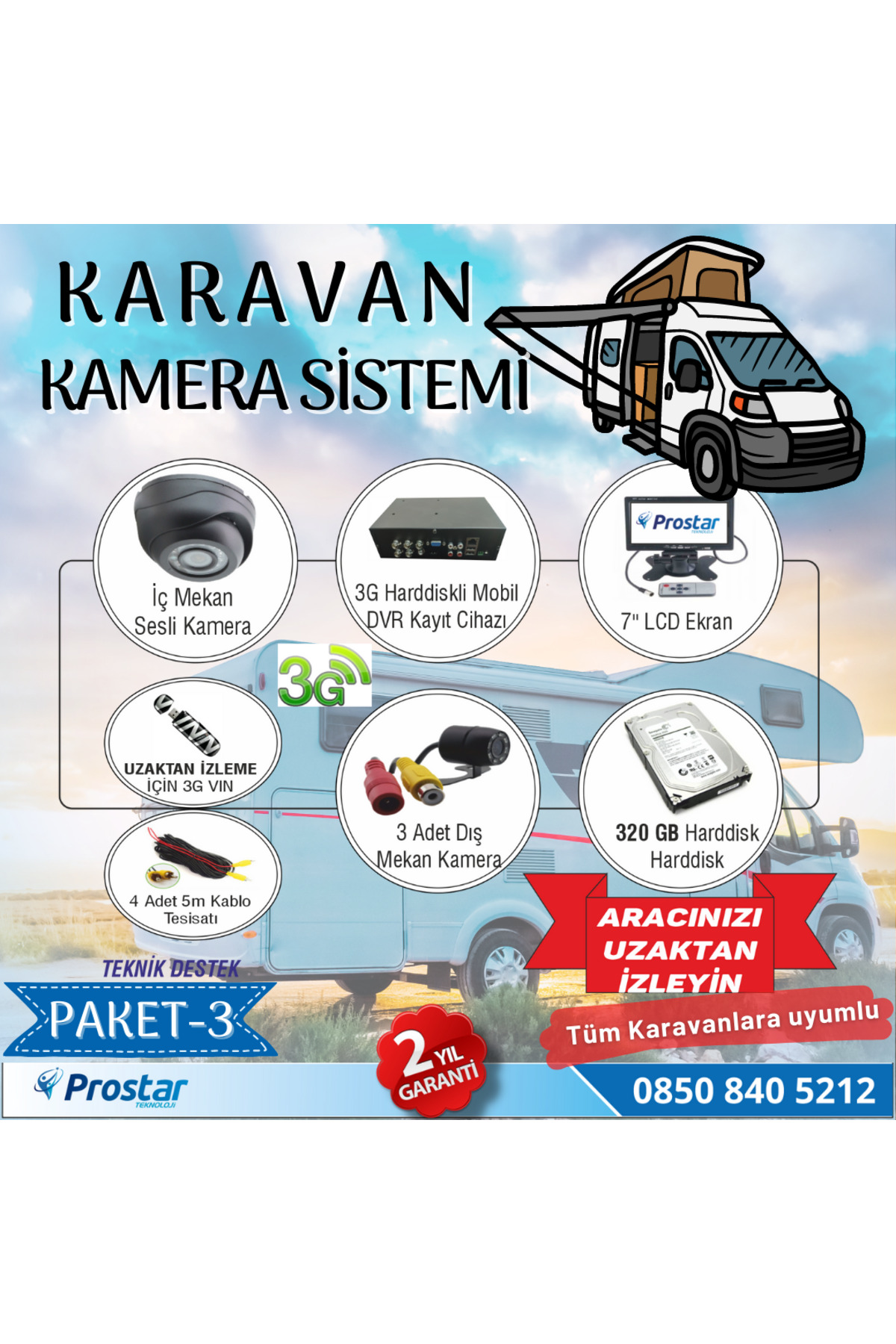 Uzaktan Takipli Karavan Kamera Sistemi Seti Kayıtlı Harddiskli 32