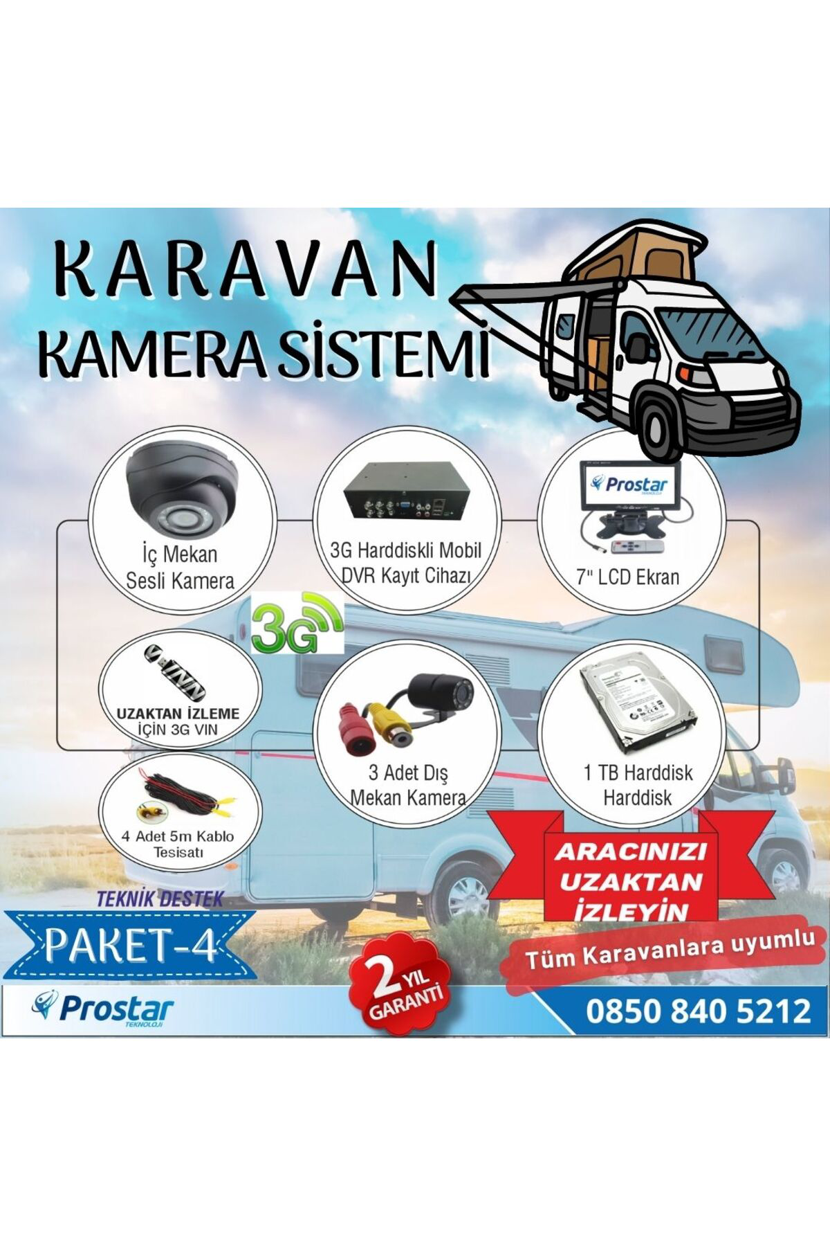 Uzaktan Takipli Karavan Kamera Sistemi Seti Kayıtlı Harddiskli 1 