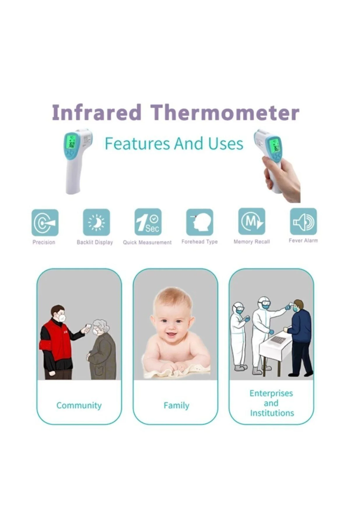 Uzaktan Uzaktan Temassız Kızılötesi Dijital Ateş Ölçer Termometre