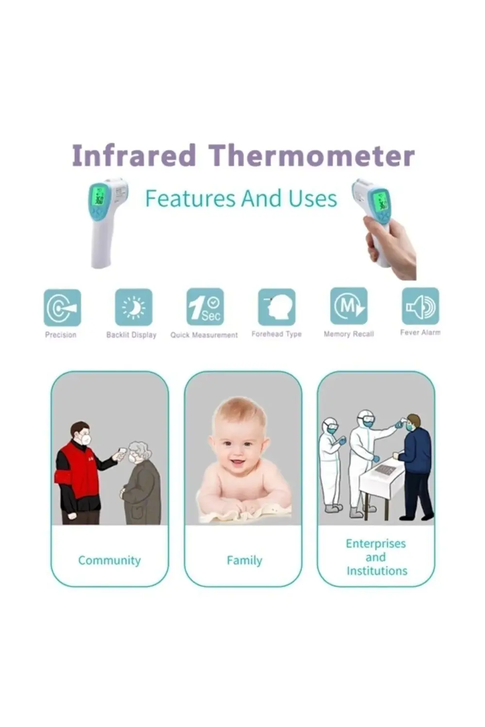 Uzaktan Uzaktan Temassız Kızılötesi Dijital Ateş Ölçer Termometre