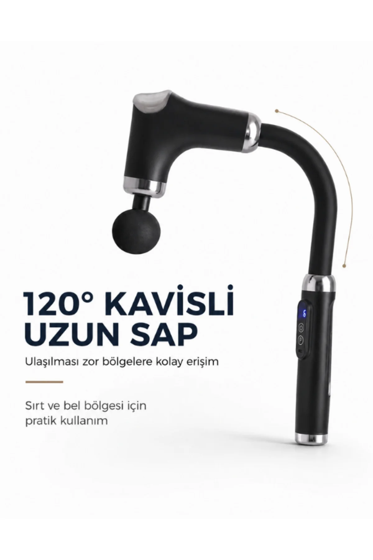 Uzatmalı Masaj Tabancası 120° Kavisli Uzun Saplı 3 Program 6 Hız 4 Başlıklı Type-C Şarjlı Kablosuz Masaj Aleti