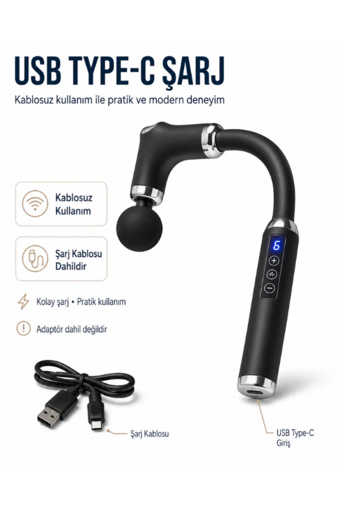 Uzatmalı Masaj Tabancası 120° Kavisli Uzun Saplı 3 Program 6 Hız 4 Başlıklı Type-C Şarjlı Kablosuz Masaj Aleti