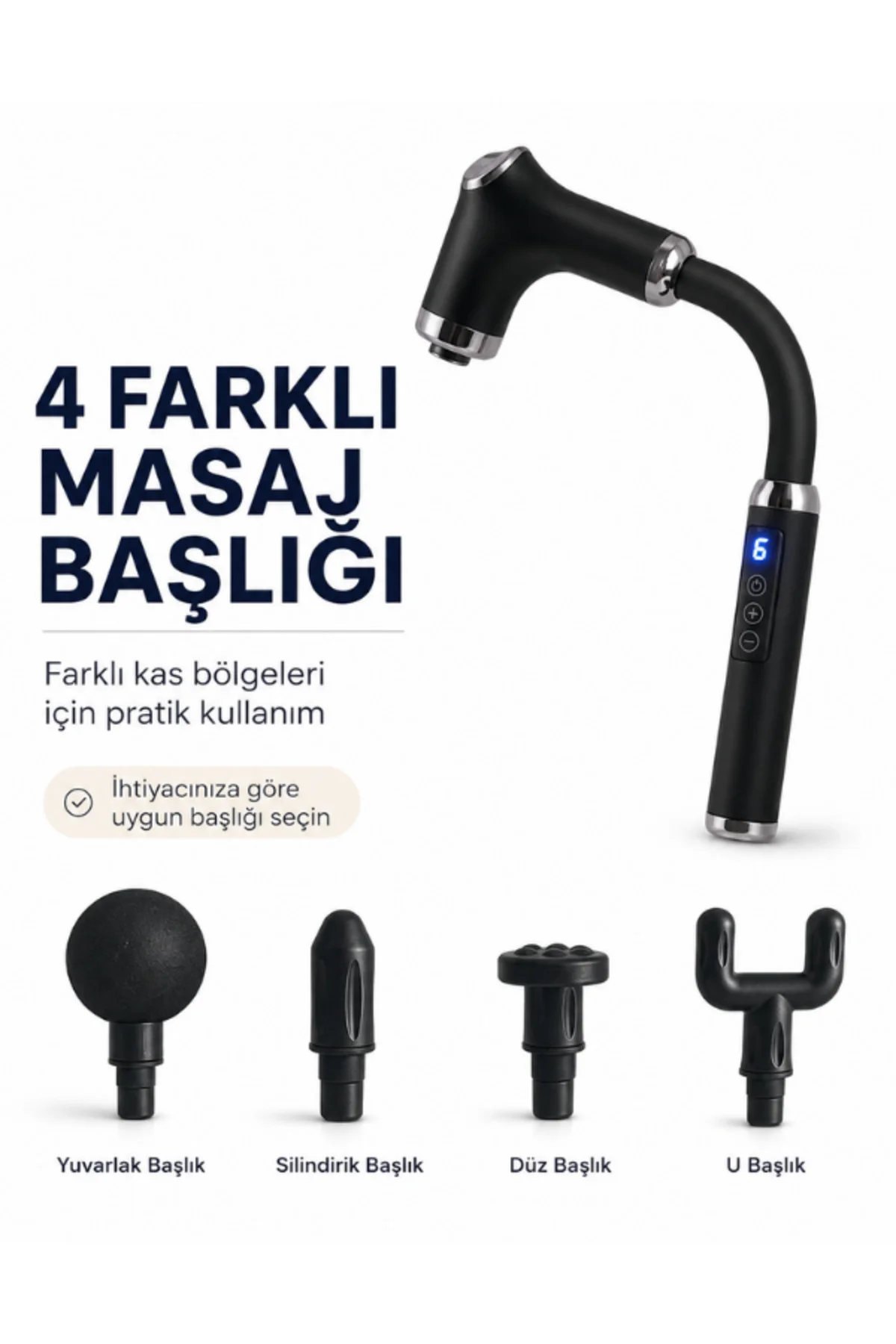 Uzatmalı Masaj Tabancası 120° Kavisli Uzun Saplı 3 Program 6 Hız 4 Başlıklı Type-C Şarjlı Kablosuz Masaj Aleti